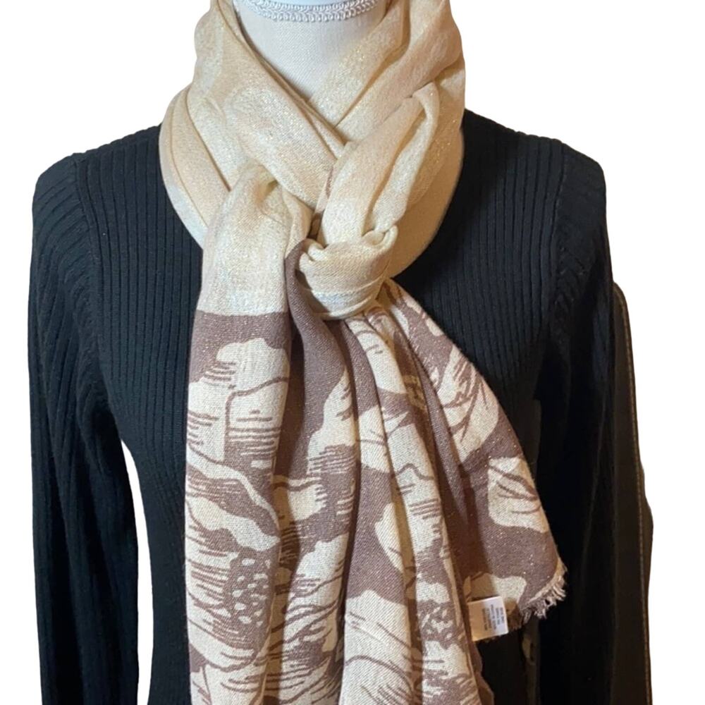 Women's Viscose & Metalic Blend Brown & Cream Floral Scarf
